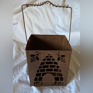 Rustic Brown Metal Lantern with Bee Design